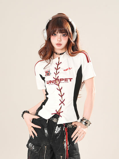 ホワイト レースアップフロント スリムフィット Tシャツ