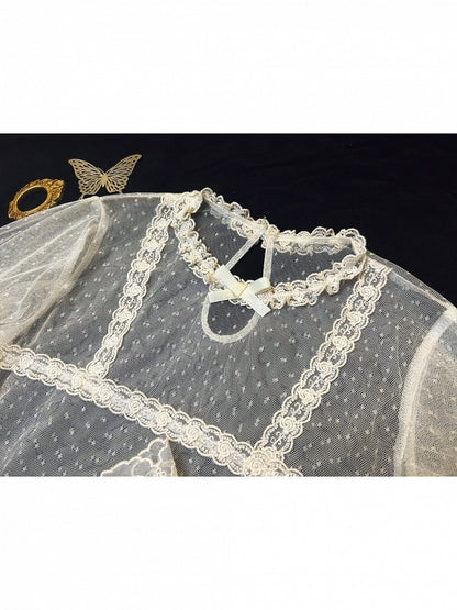 Cream Long-Sleeve Sheer Dotted Tulle Blouse