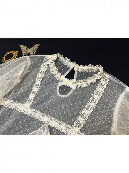 Cream Sheer Polka-Dot Tulle Long-Sleeve Lolita Blouse