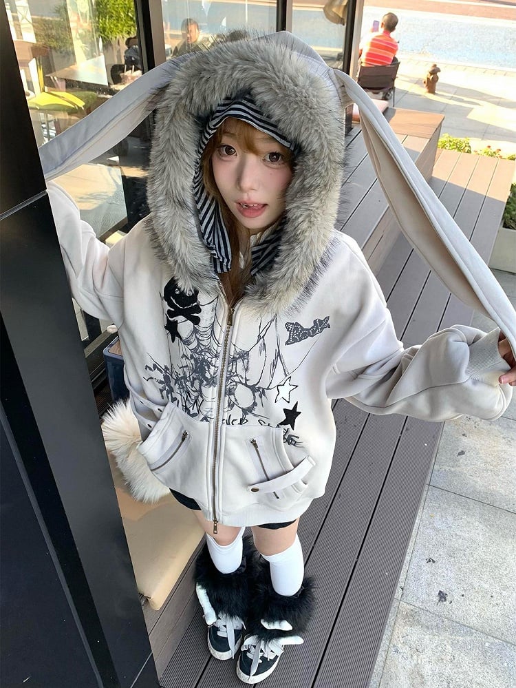 for Ear Y2K Jacket Khaki Hooded Zip-Up Rabbit Spring Hoodie