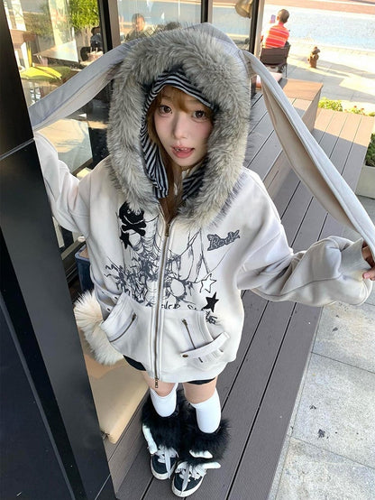 for Ear Y2K Jacket Khaki Hooded Zip-Up Rabbit Spring Hoodie