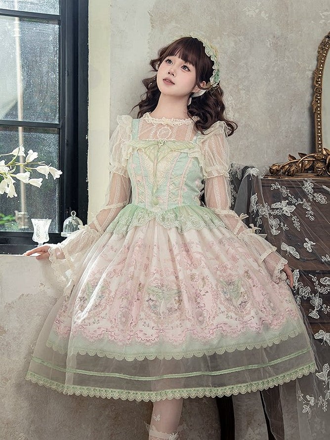 JSK Moth and with Green Pink Overlay Print Floral Dress Lolita Elegant