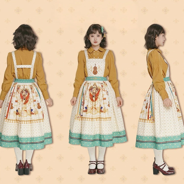 White Musical Print Overall Dress with Detachable Straps - Crucis Universal Tailor Company