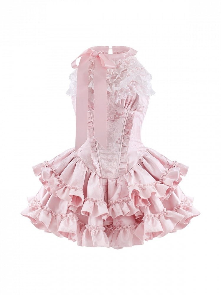 Pink Halter Tiered Ruffle Dress with Lace Trim - serendipity
