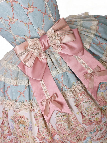 Peter Pan Collar Short-Sleeve OP Dress in Sweet Blue & Pink with Toy Bed Print - Alice Girl