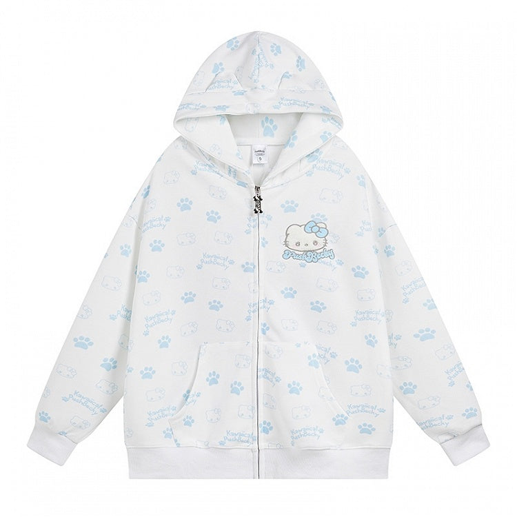 Schwarz/Rosa/Hellblauer Kapuzenpullover mit Kätzchen-Allover-Print