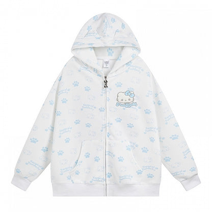 Schwarz/Rosa/Hellblauer Kapuzenpullover mit Kätzchen-Allover-Print