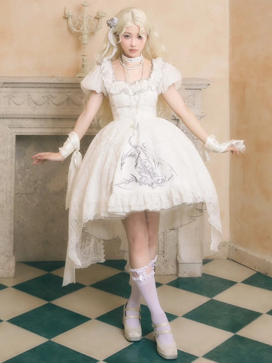 White Shiro Dragon Bone Embroidery High-low Skirt Dress Gothic Lolita OP with Cathedral Embroidery Overlay