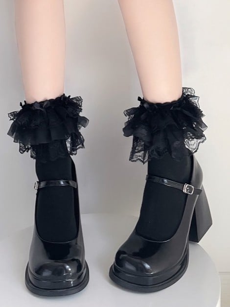 Black/White Cuff Bow Socks Lace Three-layered
