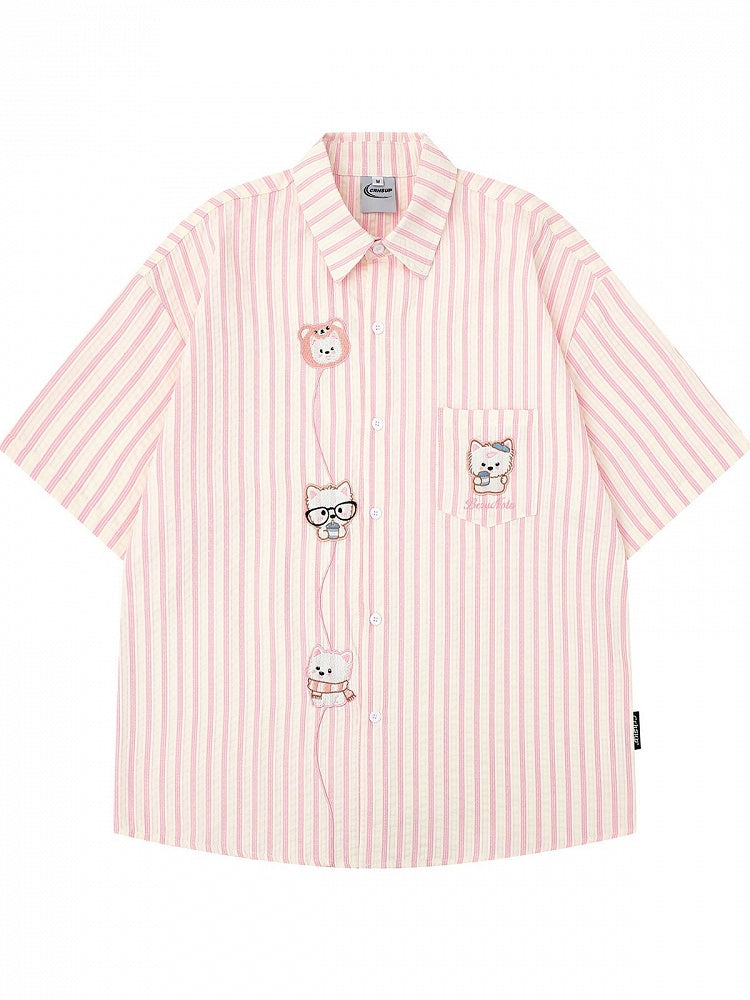 Kawaii Pink Striped Short Sleeve Shirt with Puppy Embroidery - Languid Park