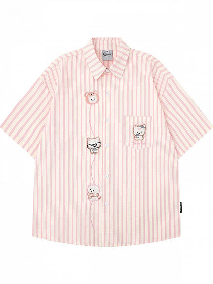 Kawaii Pink Striped Short Sleeve Shirt with Puppy Embroidery - Languid Park