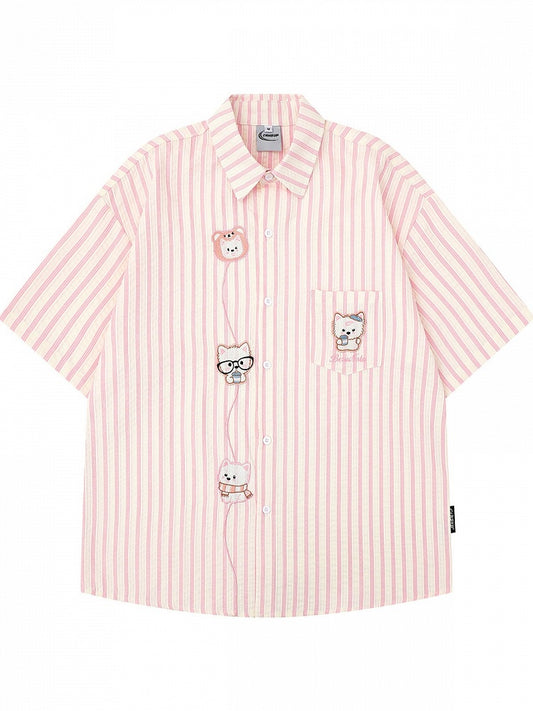 Kawaii Pink Striped Short Sleeve Shirt with Puppy Embroidery - Languid Park