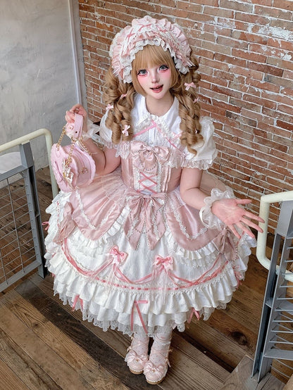 Schleifen Kleid Kette Weiß Sweet Lolita + Rosa Perle Verziert und