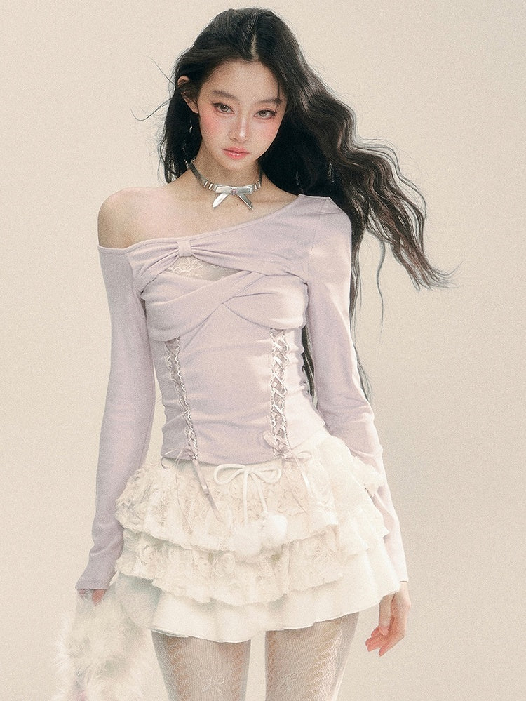 ライトパープルのカットアウトデザイン レースアップ ニットトップス