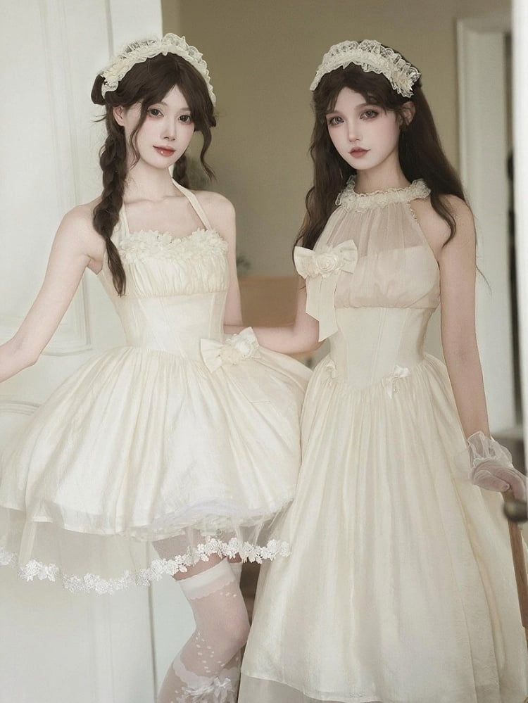 Waist Dress Boned Bow Flower Basque Elegant Detachable Hairband Neck Beige + Self-tie Halter