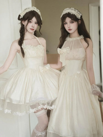 Waist Dress Boned Bow Flower Basque Elegant Detachable Hairband Neck Beige + Self-tie Halter