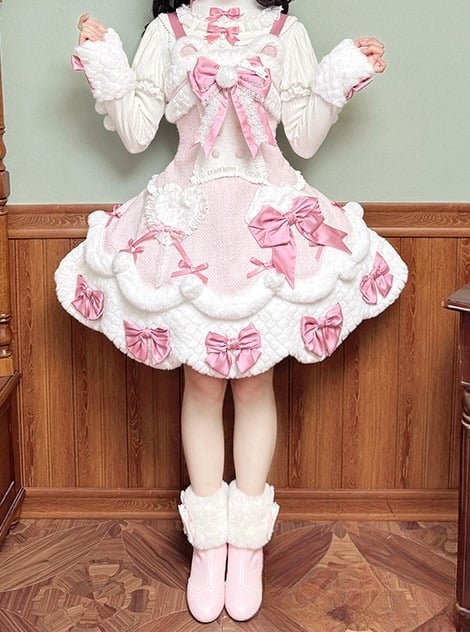 White Bow Applique Sweetheart Plush Pink Details Lolita Dress with and Sweet Accents