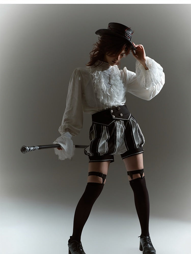 White Lace Ruffle Jabot Stand Collar Long Sleeve Blouse - Castle Too