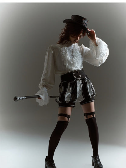 White Lace Ruffle Jabot Stand Collar Long Sleeve Blouse - Castle Too