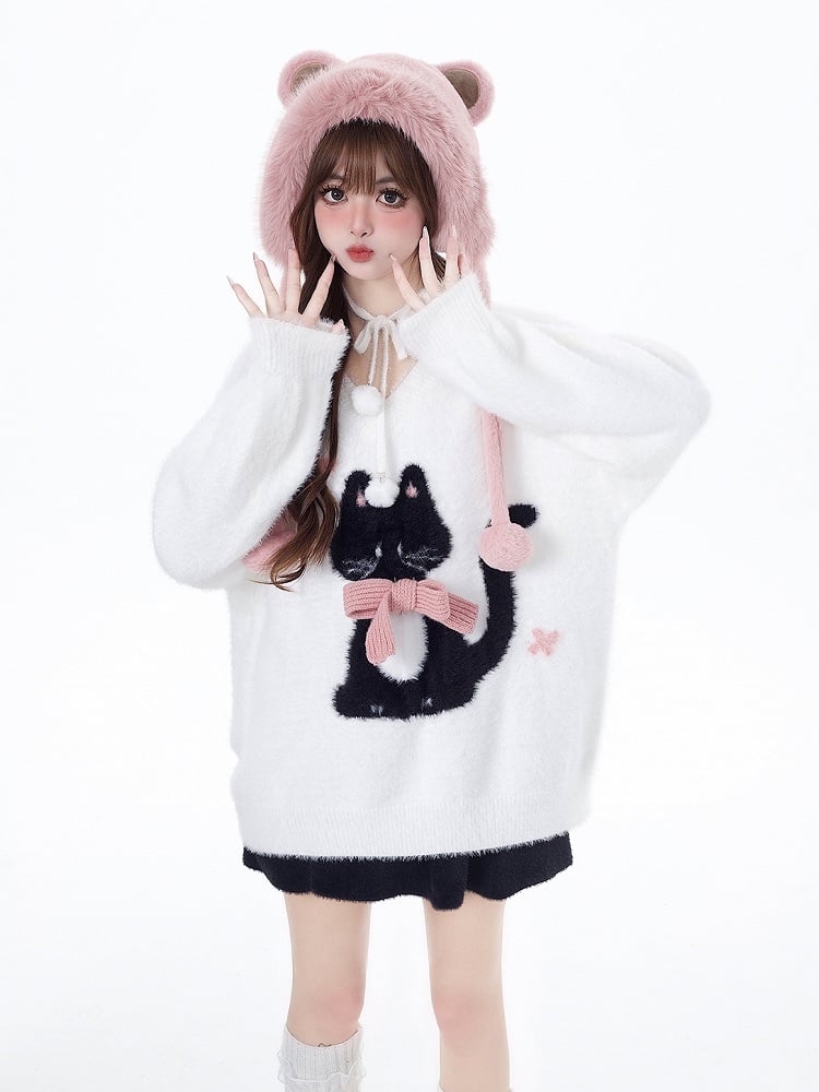 Charming White V-Neck Pullover with Cat Print - CRAZY GIRL