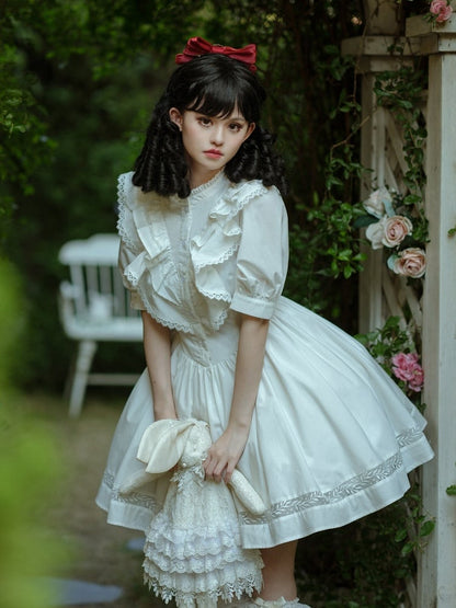 Short-Sleeve Vintage White OP Dress with Lace Details