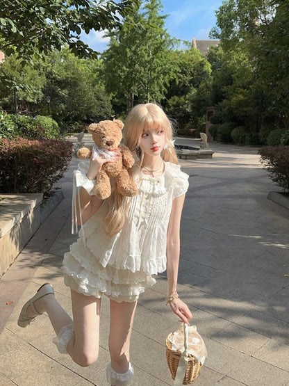 Blouse With Embroidered Trim White Dollcore Floral Bow Ruffle