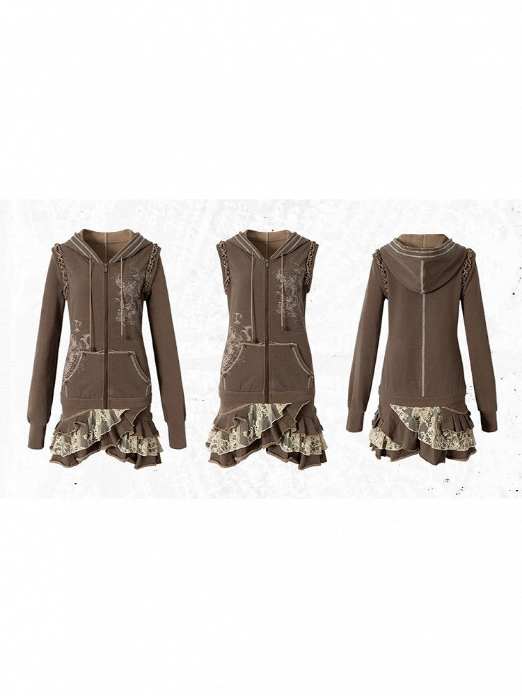 Lace Wasteland with Dress Khaki Hoodie Punk Y2K Tiered Detachable Trim Sleeves