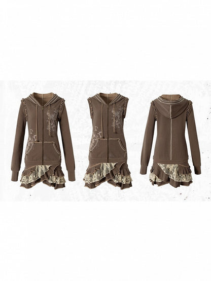 Lace Wasteland with Dress Khaki Hoodie Punk Y2K Tiered Detachable Trim Sleeves