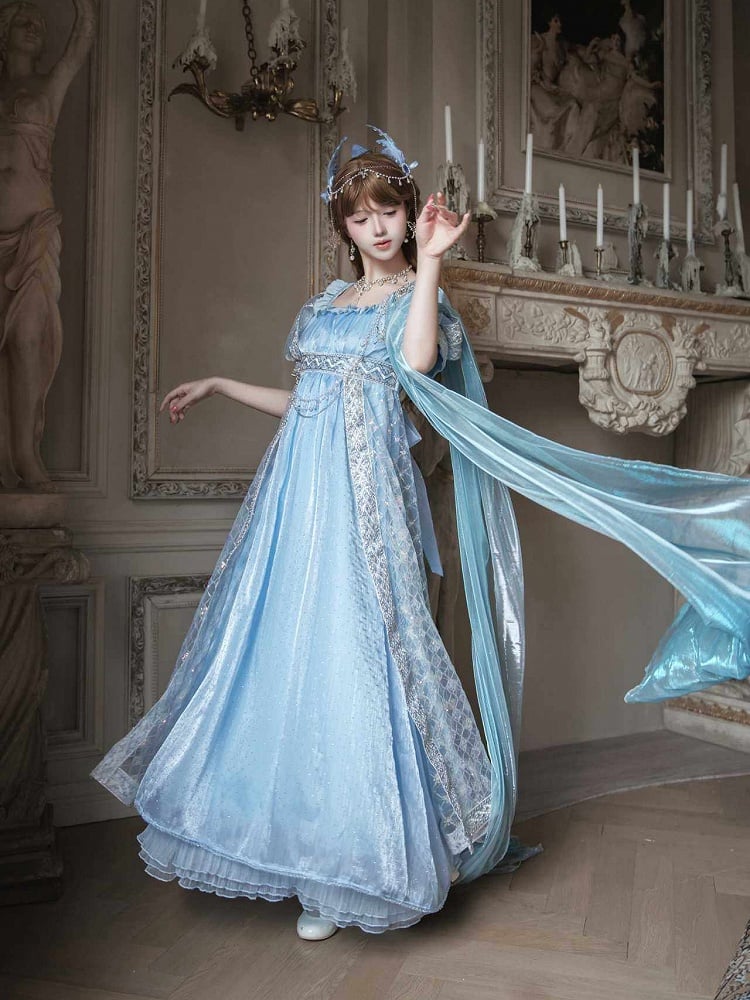 Maxi Lolita Dress Shimmering Rhinestone Blue Details and Sequin Elegant with Waist Empire
