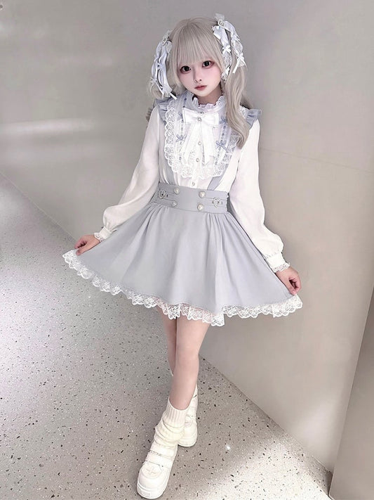 Kei and Decorative Beaded Dress Buckles Jirai Heart Buttons with Dusty Overall Sleeve Flutter Blue