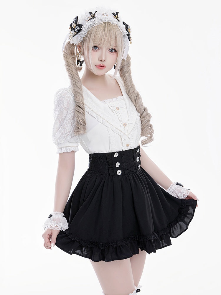 Bowknot Jirai Kei Matrosenkragen Weiße Verzierungen Kurzarmbluse Strass und Herzausschnitt