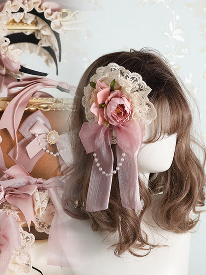 Chain with Brooch/Hairclip Bow Bead Floral Tulle and Pink