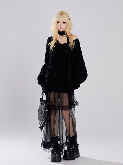 アプリコット/ブラック Vネック ホロウアウト ニットセーター