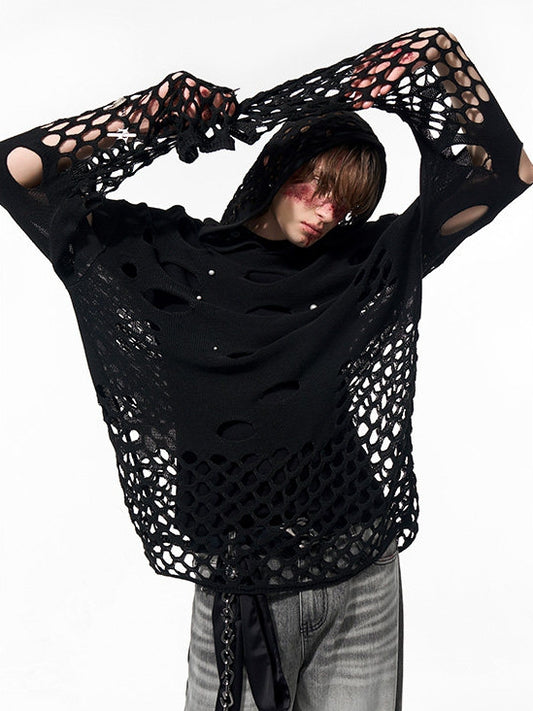 Hoodie Men's Knit Hollow-out Bead with Black Embellishments