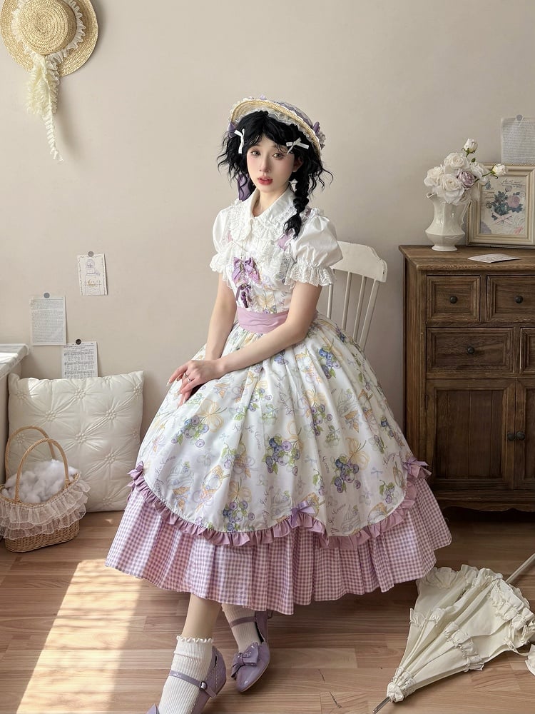 Gingham-Kleid mit Blaubeer-Lolita-Print und Eiscreme-Lila