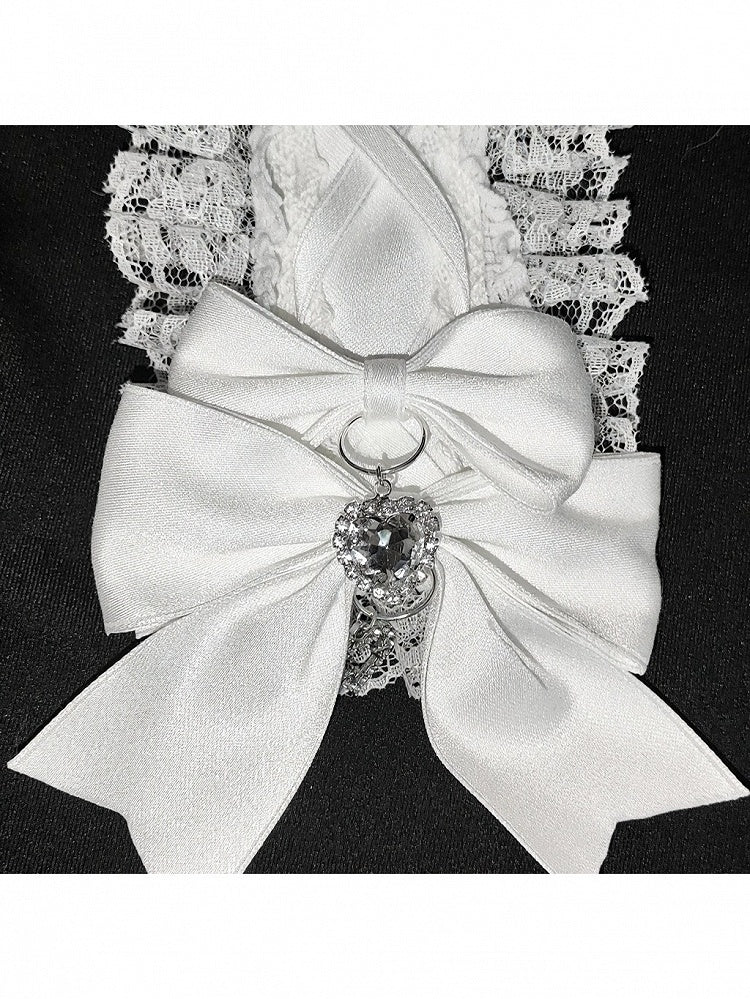 Dual-Shade Ribbon Lace Headband with Bow and Crystal Accents - Dokisuru