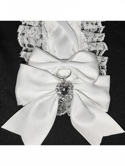 Dual-Shade Ribbon Lace Headband with Bow and Crystal Accents - Dokisuru