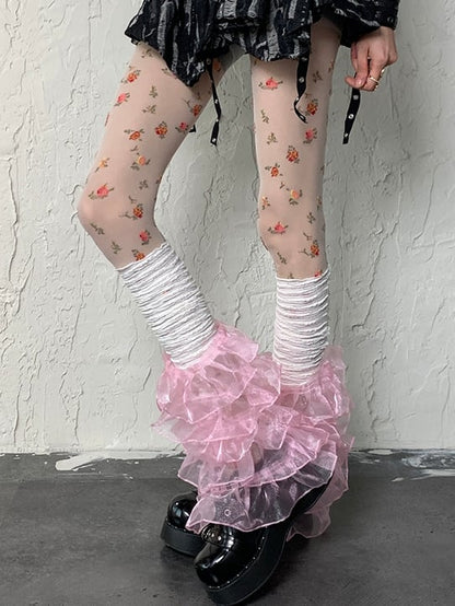 レーススリーブ マルチレイヤートリム Y2K ホワイトピンク レッグ