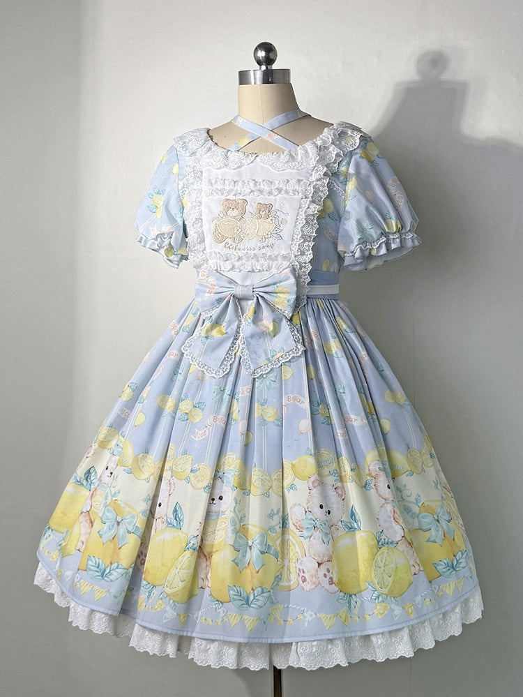 Lolita Sweet Sleeves Dress Teddy and Short Lemon Print Blue