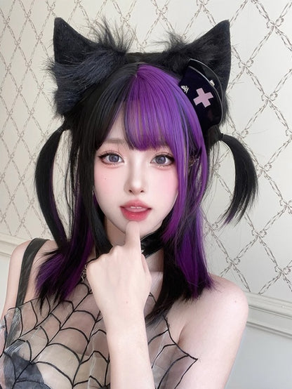 Black And Purple Highlights 47CM Above Bust Length Straight Wig With Bangs