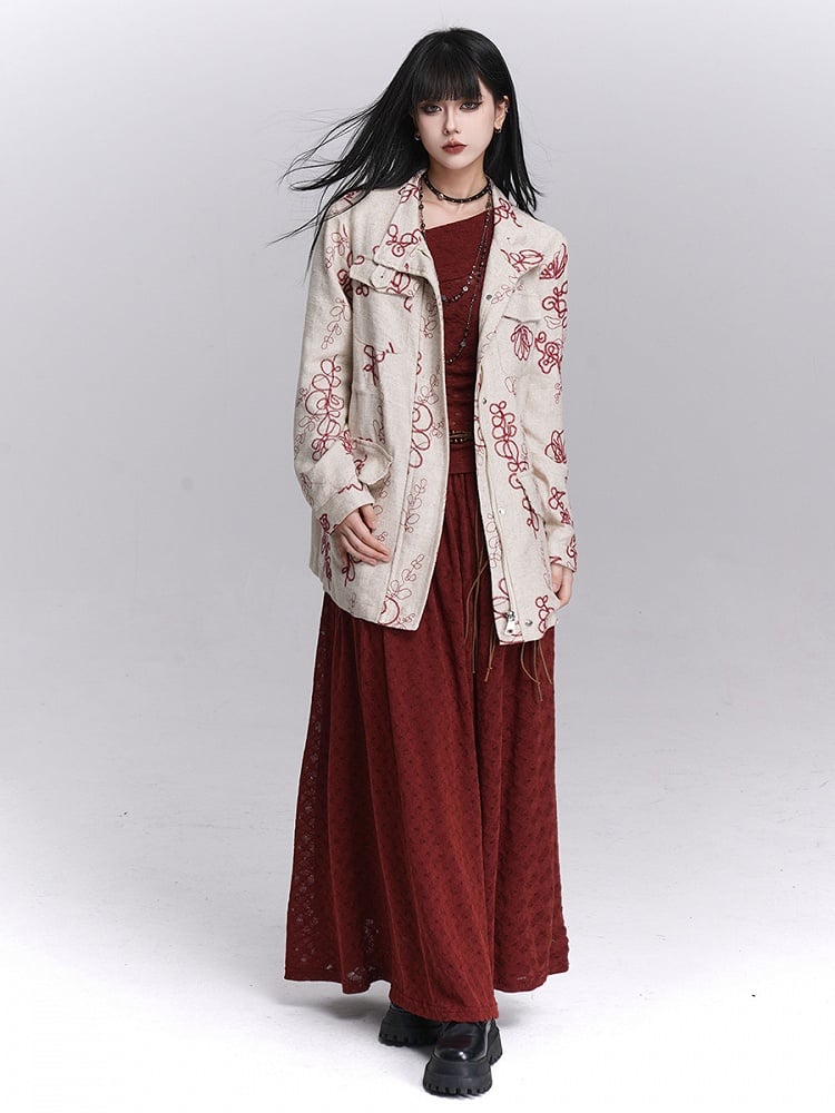 Rot Apricot Stickerei Trenchcoat Klappe Floral Leinen Taschen mit Vier