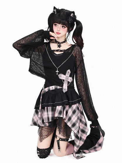 Black & Pink Plaid Cross Chain Decor Cropped Top - CRAZY GIRL