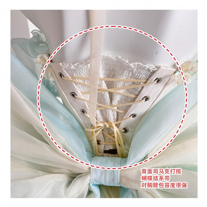 Grünes Mieder-Korsett-Oberteil mit Schleifenverzierung und bauschigem Rock, gelbes Balletcore-Set