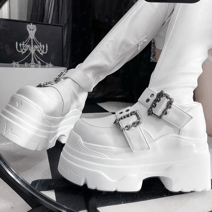 in PU Matte Over Style Clasps with White Punk Boots Decorative Zip Length Closure Inner Platform Knee