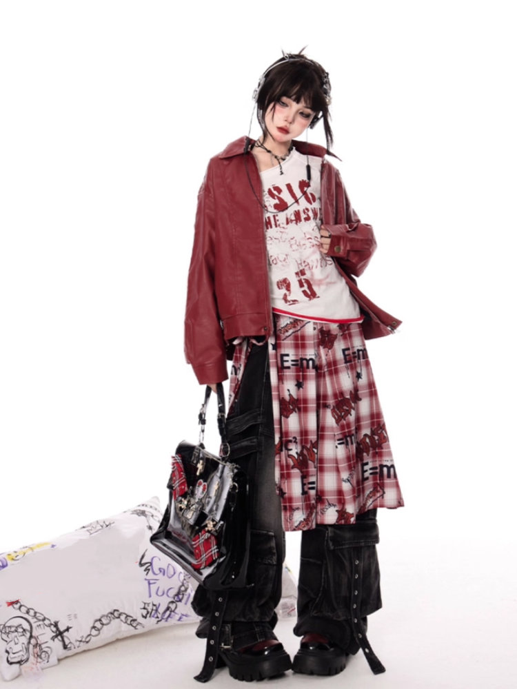 Red PU Leather Zip-up Jacket for Vintage Autumn