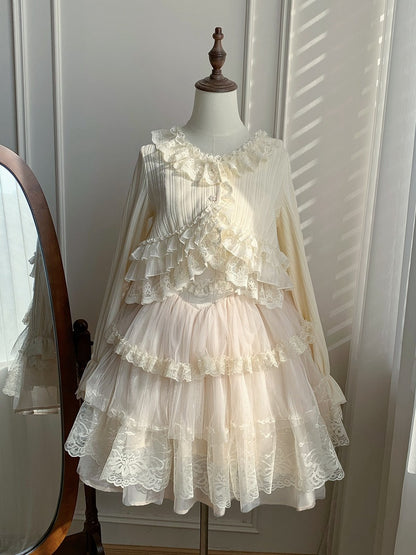 Cream Knit Top Spring/Autumn for Lolita Caidigan Trimmed Lace