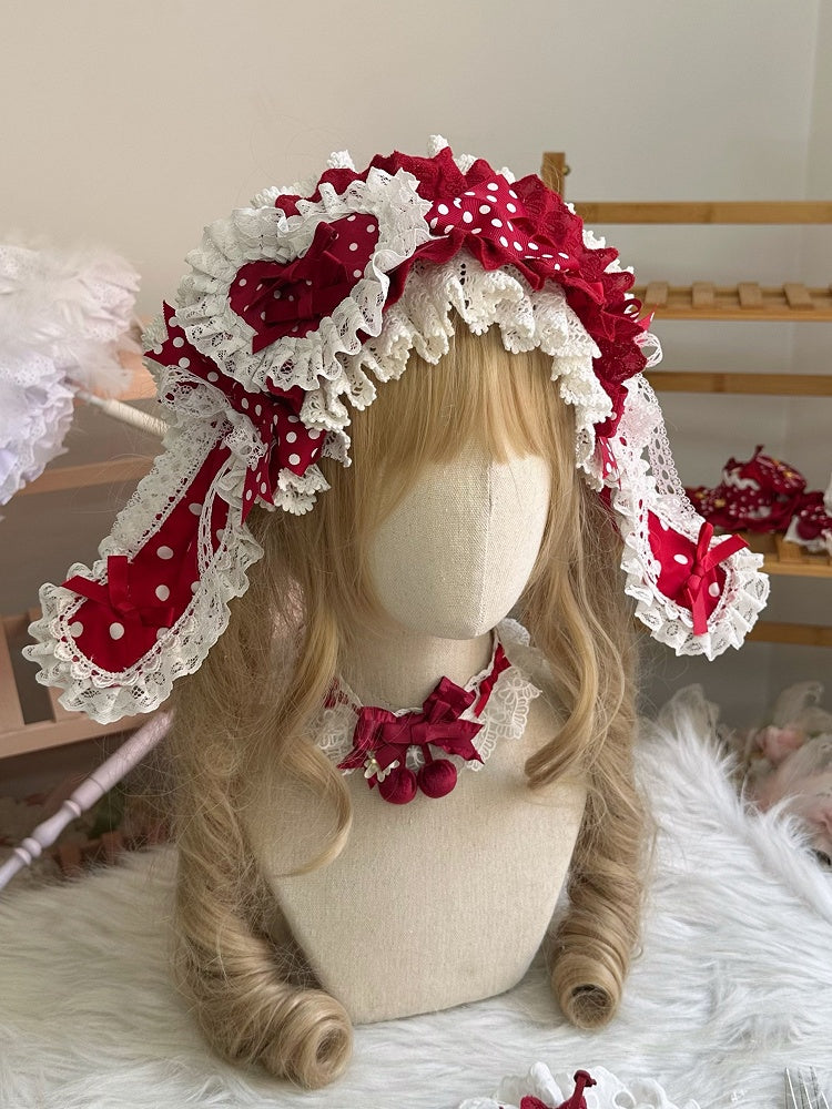 Red Polka-dot Heart-Shaped Trim Lace Hairclip/Brooch Bow