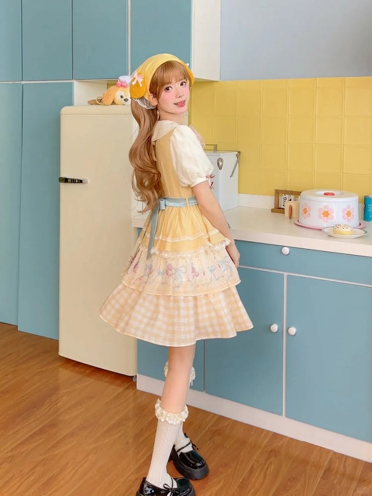Erdbeerkuchen Stickerei Süßer Rock Lolita Kleid Große Schleife Cremegelb Stufen