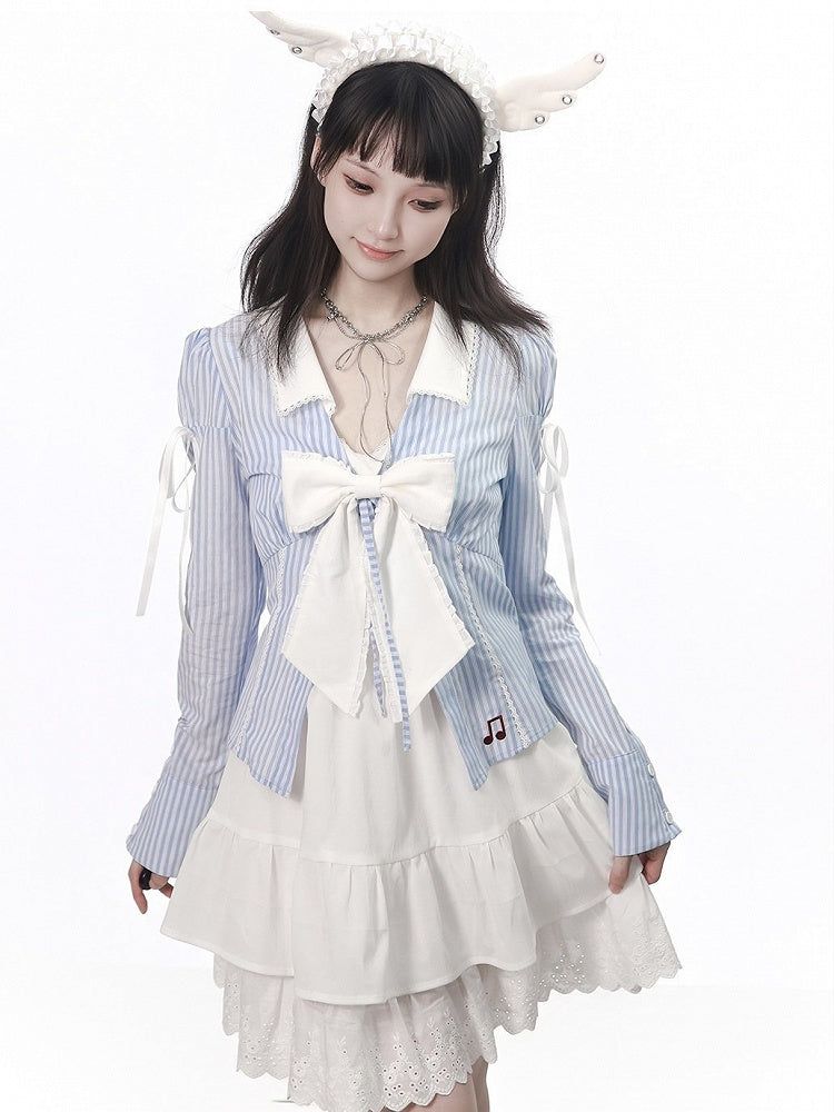 Sky Blue Embroidered Stripe Blouse with Lace Collar and Music Motif - PINK SAVIOR
