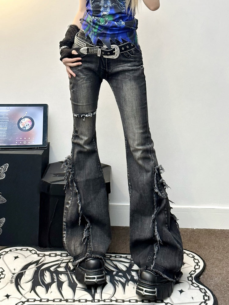 Cuffs- Slim Fit Raw Vintage Blau/Schwarz Low Waist Flared und Jeans mit Ausfransen